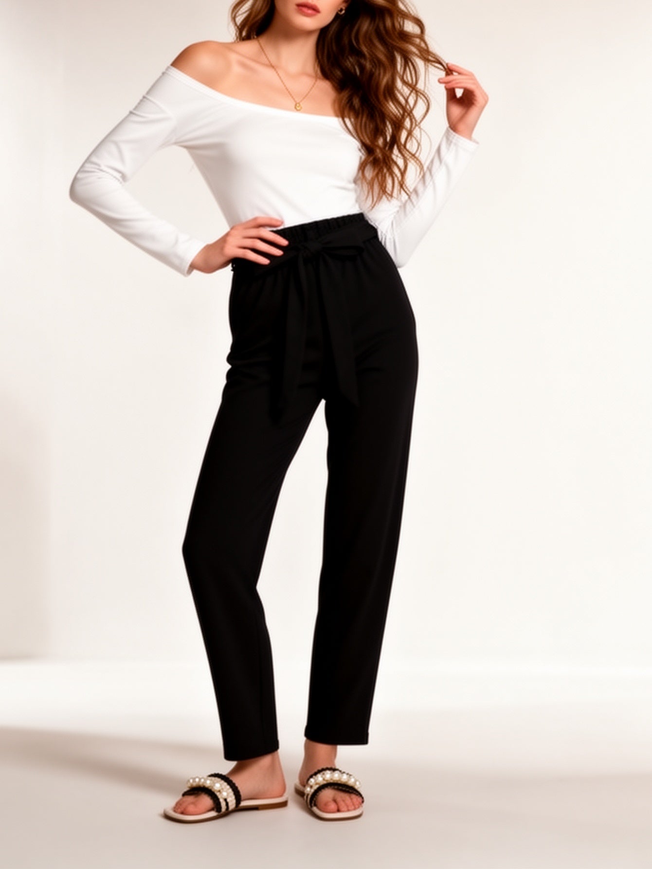 Damen Elegante Off-Shoulder Bluse mit Gürtelhose – Perfekt für Büro und Freizeit