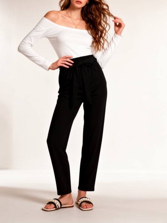Damen Elegante Off-Shoulder Bluse mit Gürtelhose – Perfekt für Büro und Freizeit
