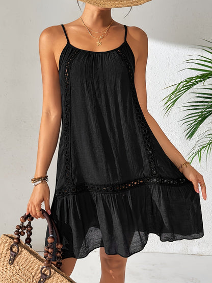 Damen Sommer Strandkleid mit Spitzen-Details und Spaghettiträgern – Lässiges Kleid für Urlaub & Freizeit