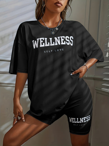 Damen Wellness Lounge Set Oversize T-Shirt & Radlerhose – Bequeme Freizeitmode mit Schriftzug