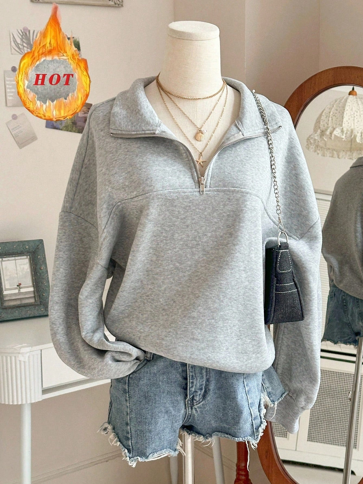 Damen Sweatshirt Grau mit Reißverschlusskragen Lange Ärmel Lässiger Pullover