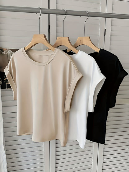 Damen Basic T-Shirt mit Aufschlagärmeln – Moderner Freizeitstil für Alltag und Büro
