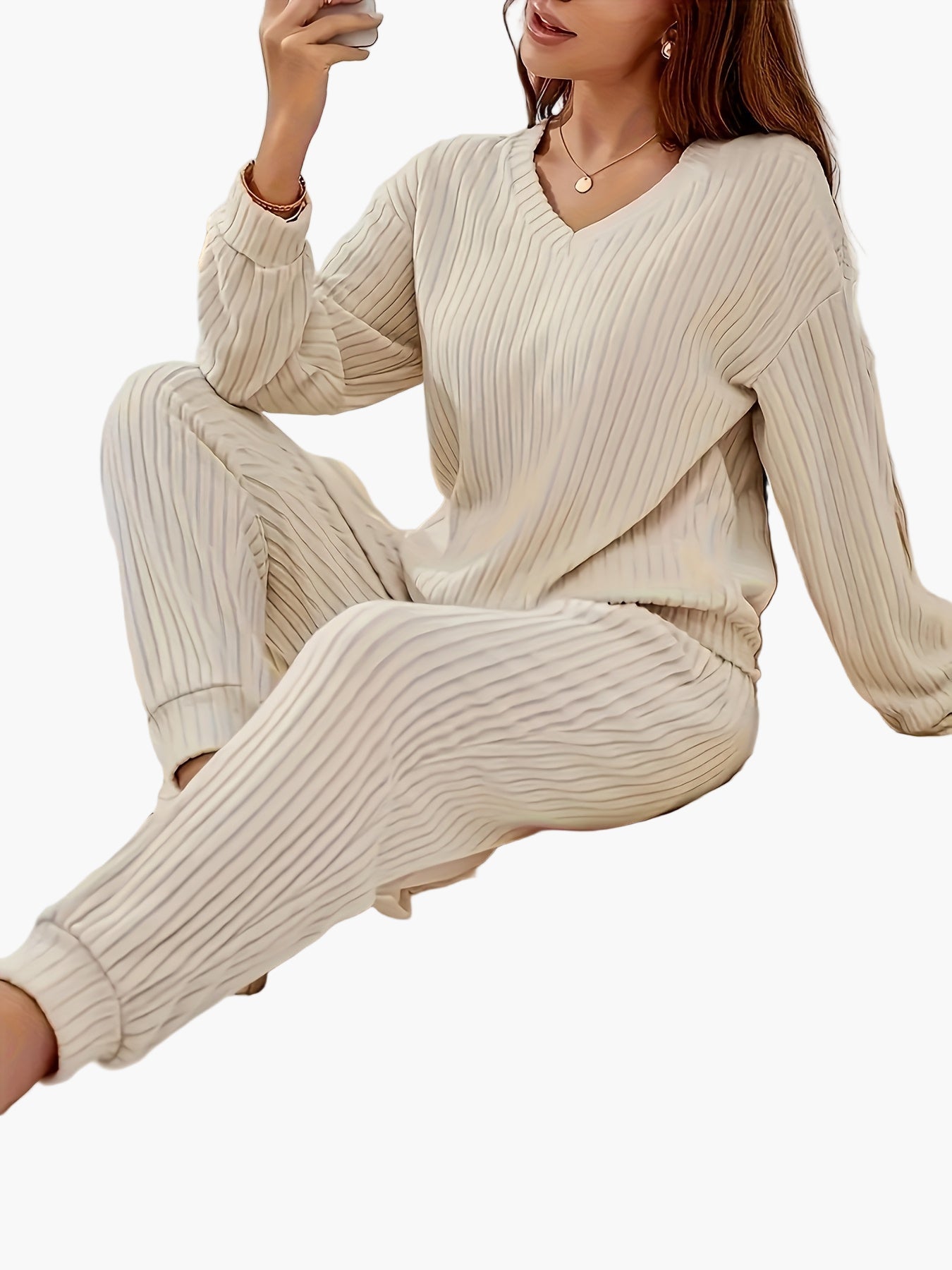 Damen Kuscheliger Zweiteiler Lounge-Set mit Strickmuster – Bequemer Freizeit Hausanzug