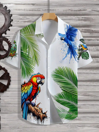 Herren Kurzarm-Hemd mit tropischem Papageien-Print und Palmen – Exotisches Freizeithemd für Strand und Urlaub