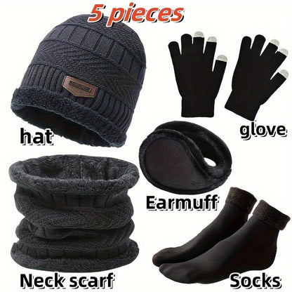 Winter Set Mütze Schal Handschuhe Ohrenschützer Socken Strick Fleece Warm Unisex
