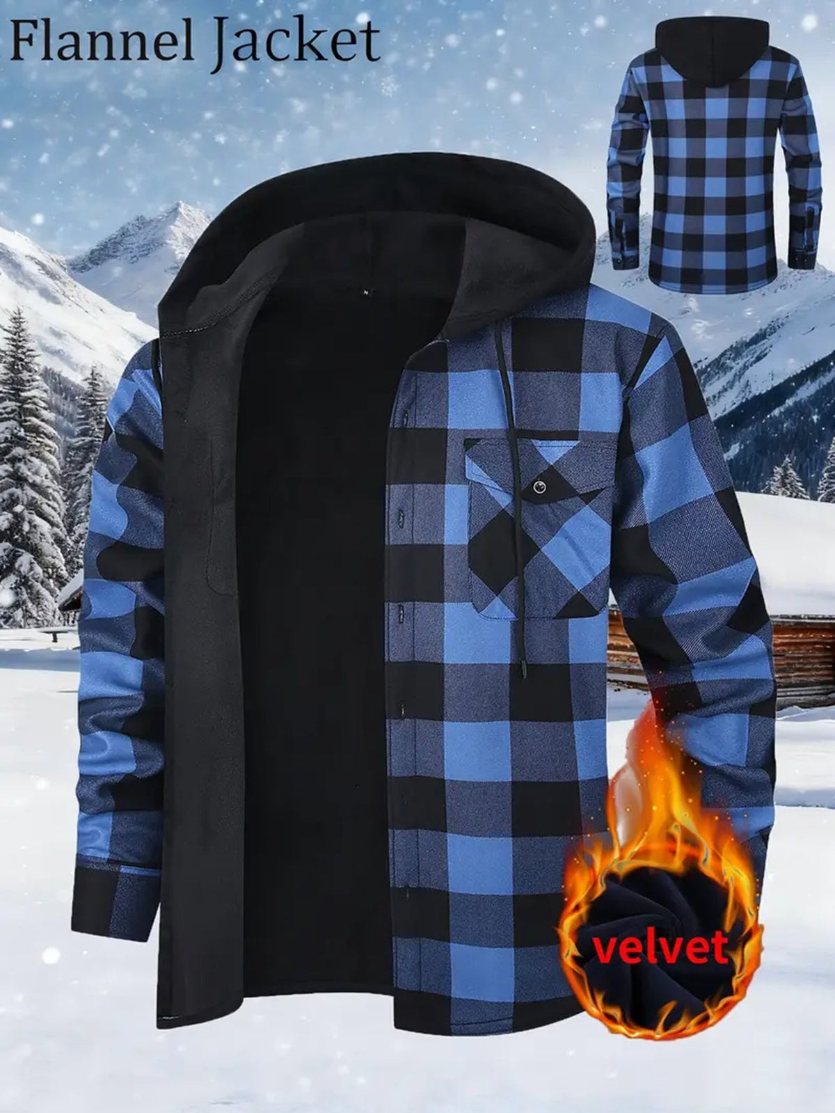 Herren Kariertes Hemdjacke mit Kapuze Gefüttert Warm Grün Schwarz