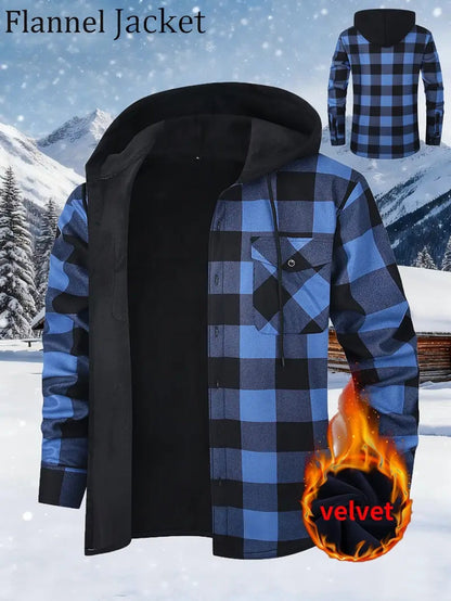 Herren Kariertes Hemdjacke mit Kapuze Gefüttert Warm Grün Schwarz