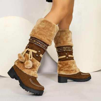 Winter Stiefel Damen mit Fellbesatz & dekorativen Bändern, braun/schwarz