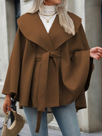 Damen Cape Mantel mit Gürtel und breitem Reverskragen