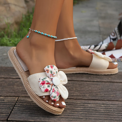 Damen Slide Sandalen mit Blumenapplikation und Espadrille-Stil – Sommerliche Freizeitschuhe