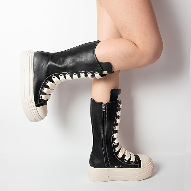 Damen High-Top Sneaker Stiefel Schwarz mit Schnürung & Plateau Sohle