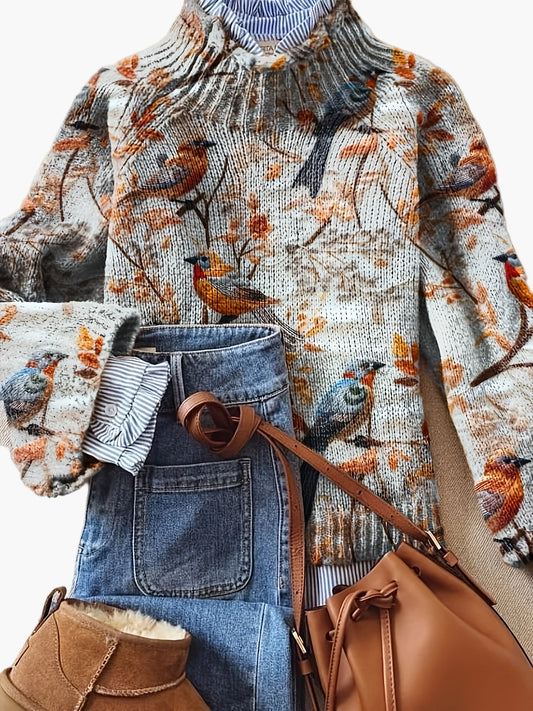 Damen Pullover mit Vogel-Print, Strick, Hoher Kragen, Herbst/Winter Elegant Freizeitmode