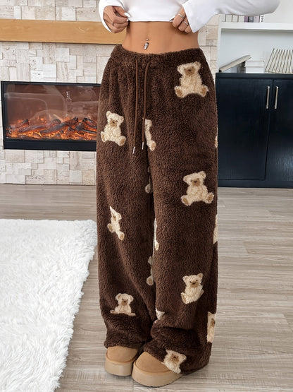 Damen Fluffy Hose Weites Bein Teddybär Muster Braun