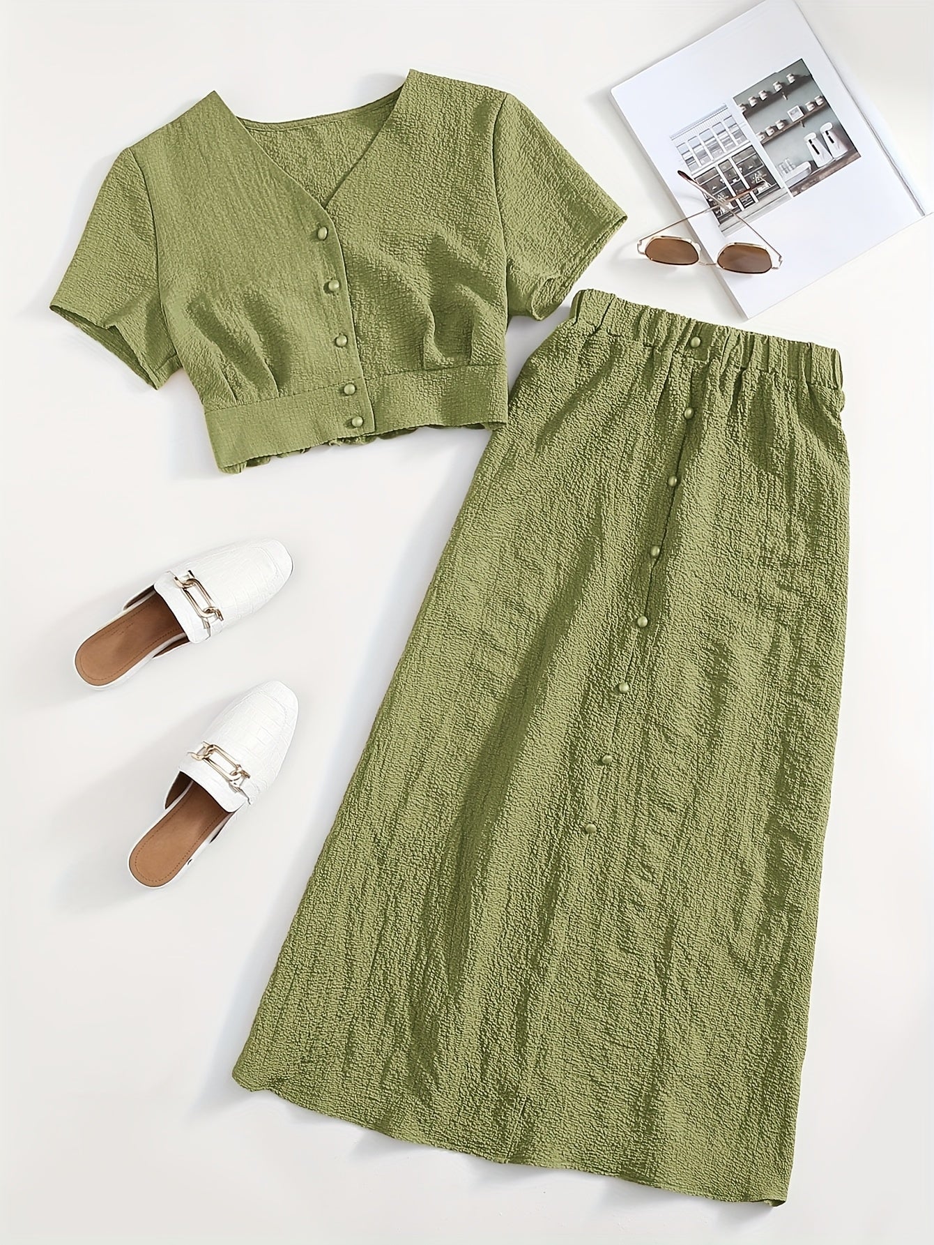 Damen Zweiteiliges Set mit Kurzarm Crop Top und Knopfleiste, Eleganter A-Linien Midi Rock, Modischer Freizeit-Look