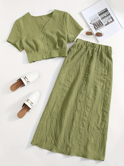 Damen Zweiteiliges Set mit Kurzarm Crop Top und Knopfleiste, Eleganter A-Linien Midi Rock, Modischer Freizeit-Look
