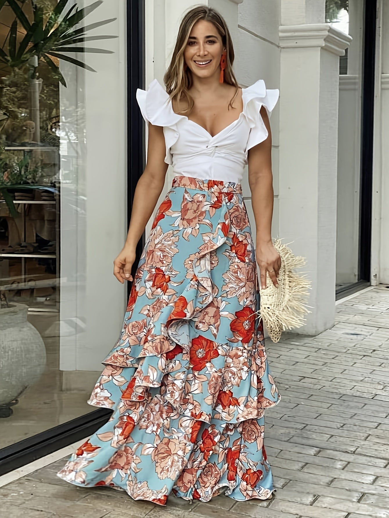 Damen Maxirock mit Blumenmuster und Volant-Details – Eleganter Wickelrock für festliche Anlässe