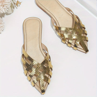 Damen Elegante Slip-On Pantoletten mit Geflochtenem Design und Spitzkappe – Stilvolle Flache Mules für Alltag und Anlass