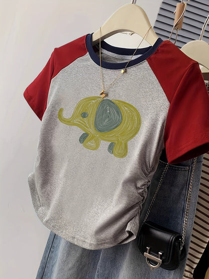 Damen T-Shirt mit Elefanten-Print, Y2K Stil, Freizeitmode