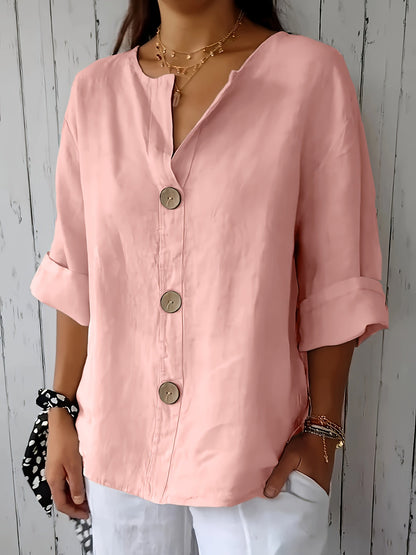 Damen Bluse mit Knopfleiste und 3/4-Ärmeln – Casual Eleganz für Alltag & Büro