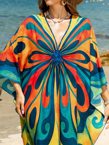Damen Kaftan Maxi Strandkleid mit Batikmuster – Boho Überwurf für Urlaub & Strand