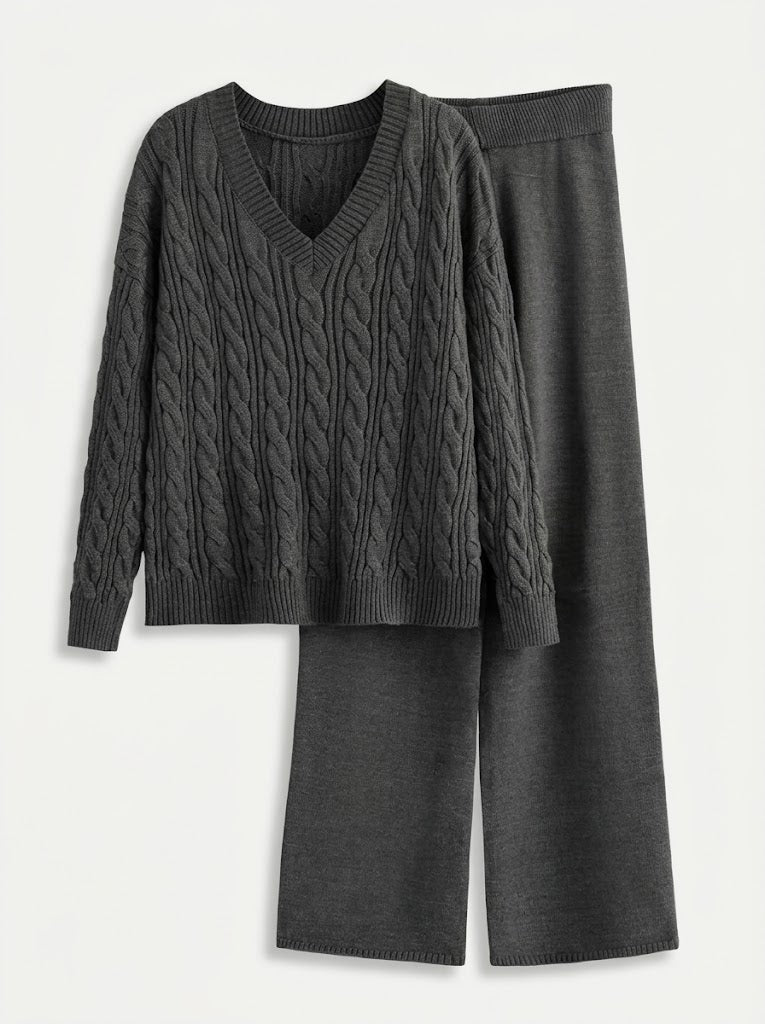 Strick-Set Damen mit Zopfmuster Pullover & weiten Hosen, V-Ausschnitt Strickpullover & weite Hose