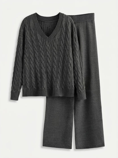 Strick-Set Damen mit Zopfmuster Pullover & weiten Hosen, V-Ausschnitt Strickpullover & weite Hose
