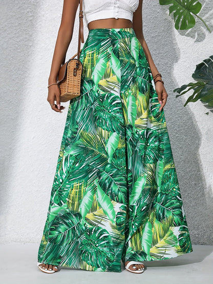 Damen Sommer Palazzo-Hose mit weitem Bein und tropischem Blätterprint – Perfekt für Strand und Freizeit