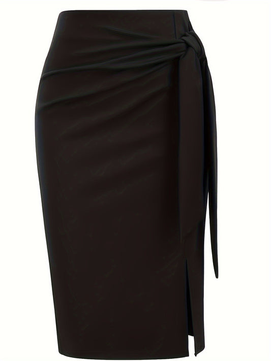 Damen Eleganter Midirock mit Knoten-Detail und Schlitz – Perfekt für Büro & Ausgehen