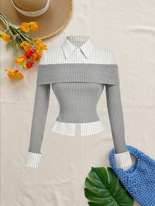 Damen Layering-Oberteil Off-Shoulder Rippstrick Grau Weiß Gestreift