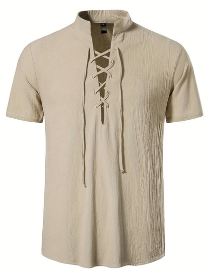 Herren Tunika Shirt Kurzarm mit Schnürung – Lässige Sommermode im Vintage-Stil