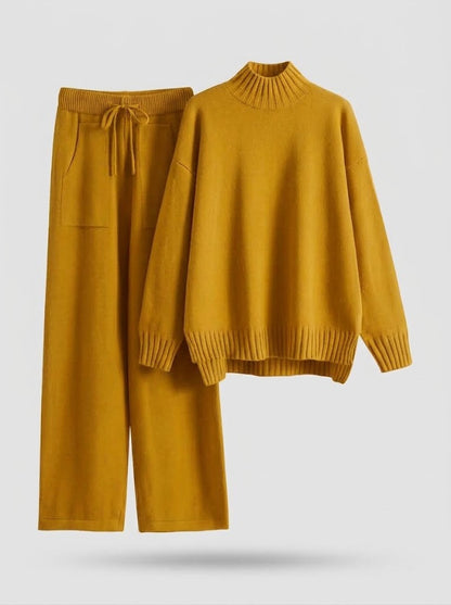 Strick-Loungewear-Set Damen, Hochgeschlossener Pullover & weite Hose, Blau