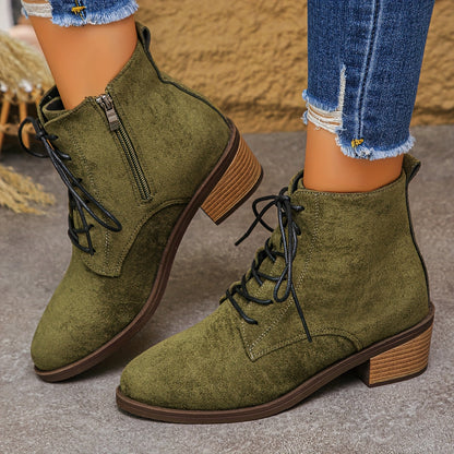 Damen Schnürstiefelette mit seitlichem Reißverschluss und Blockabsatz