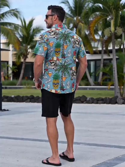 Herren Hawaii Hemd mit Totenkopf, Palmen und Cocktail Print – Extravaganter Freizeitstil für Urlaub & Strand