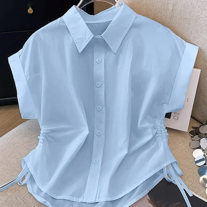 Damen Kurzarm Bluse mit Kordelzug und Hemdkragen – Modisch & Vielseitig