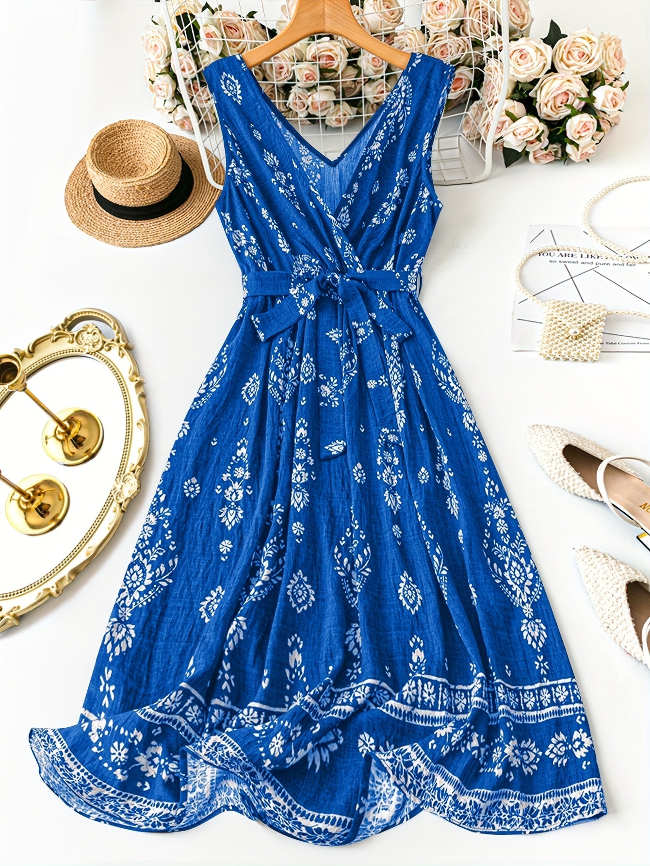Damen Boho Maxikleid mit Gürtel und Vintage-Blumenmuster – Elegantes Sommerkleid für Freizeit, Strand & Gartenparty