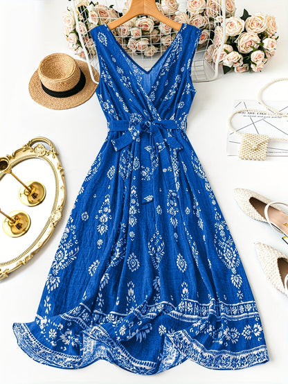 Damen Boho Maxikleid mit Gürtel und Vintage-Blumenmuster – Elegantes Sommerkleid für Freizeit, Strand & Gartenparty