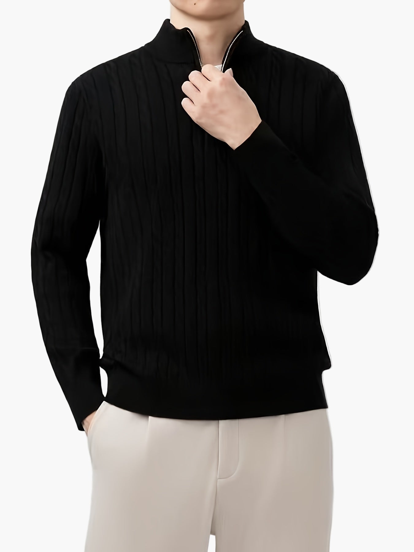 Herren Strickpullover mit Zopfmuster und halbem Reißverschluss – Casual Stil für Herbst und Winter