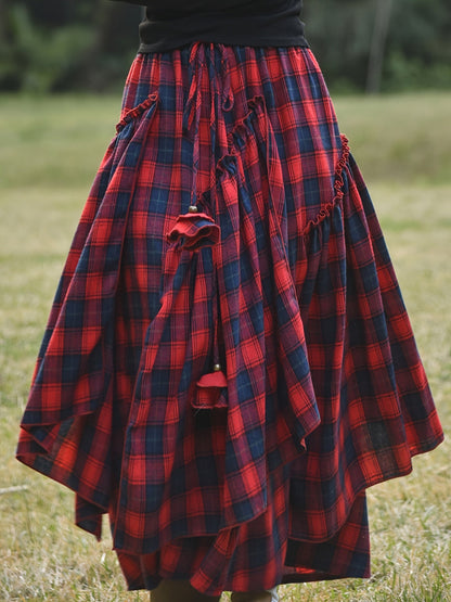 Damen Maxirock Plaid Asymmetrischer Stufenrock mit Kordelzug und Quasten