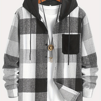 Herren Kariertes Hemd Jacke mit Kapuze & Brusttasche
