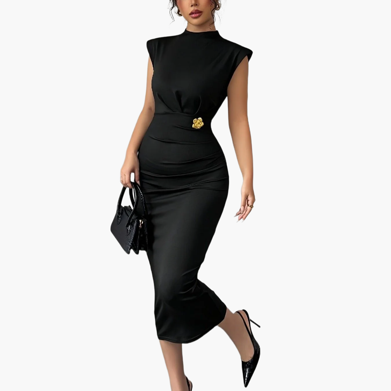 Damen Elegantes Bodycon-Midikleid mit Schulterpolstern – Perfekt für Partys und besondere Anlässe