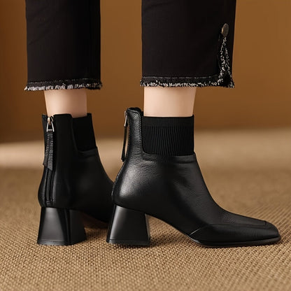Damen Stiefelette mit Blockabsatz, quadratischer Spitze & geripptem Schaft