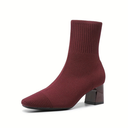 Damen Gestrickte Stiefeletten Blockabsatz Beige Spitz zulaufend Stretch Kurzstiefel