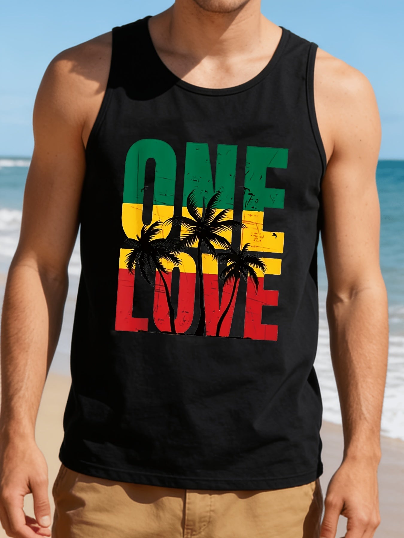 Herren Tanktop mit One Love Print und Palmen Grafik – Reggae Style für Strand und Freizeit