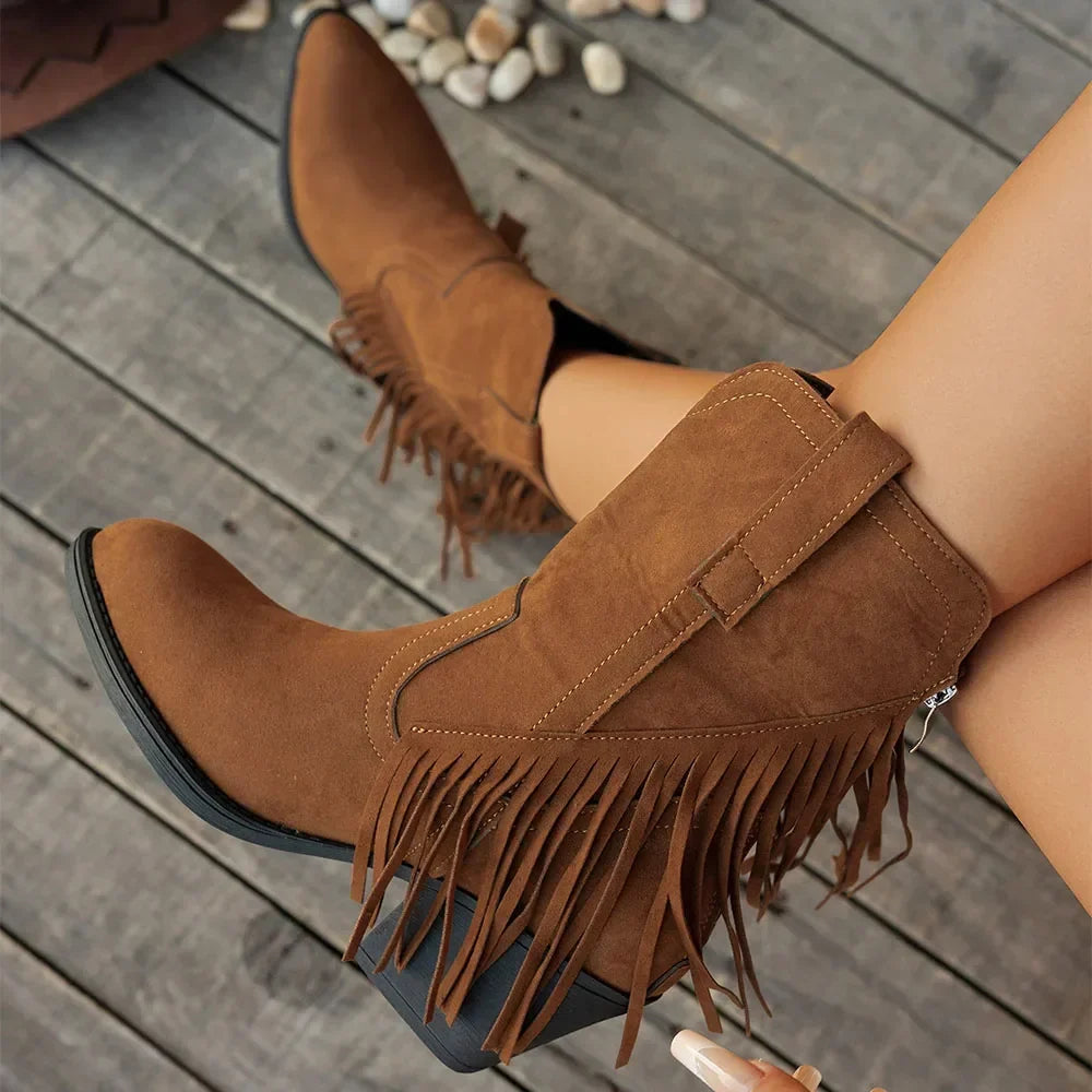 Damen Cowboystiefel mit Fransen, spitzer Zehe und Blockabsatz in Wildleder-Optik