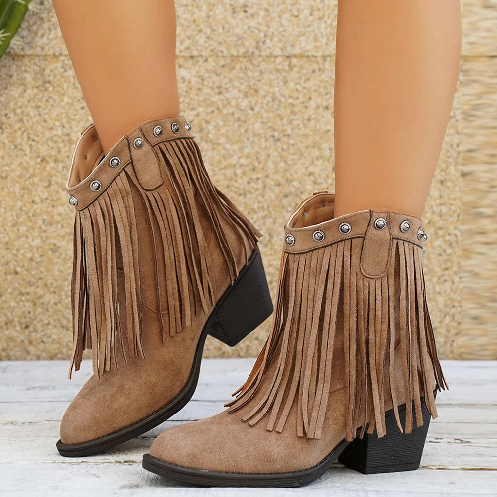 Damen Cowboystiefel mit Fransen, spitzer Zehe und Blockabsatz in Wildleder-Optik