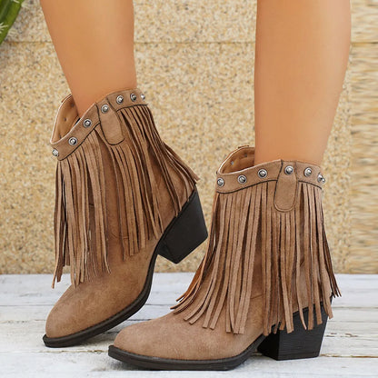 Damen Cowboystiefel mit Fransen, spitzer Zehe und Blockabsatz in Wildleder-Optik