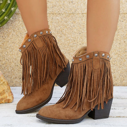 Damen Cowboystiefel mit Fransen, spitzer Zehe und Blockabsatz in Wildleder-Optik