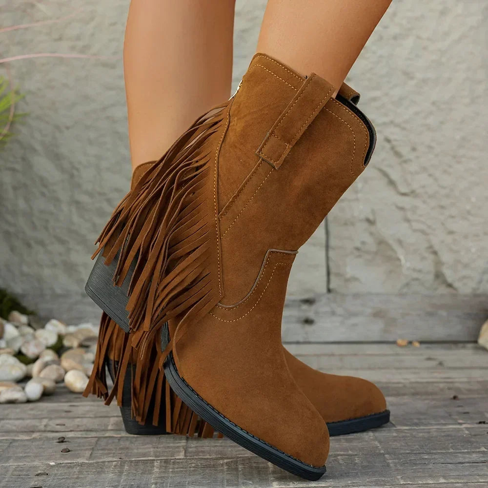 Damen Cowboystiefel mit Fransen, spitzer Zehe und Blockabsatz in Wildleder-Optik