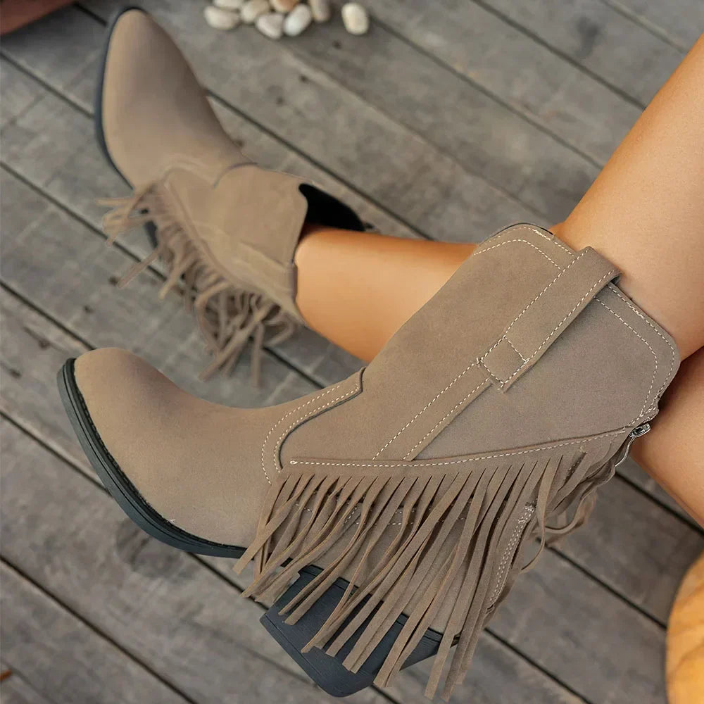 Damen Cowboystiefel mit Fransen, spitzer Zehe und Blockabsatz in Wildleder-Optik