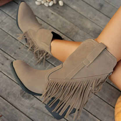 Damen Cowboystiefel mit Fransen, spitzer Zehe und Blockabsatz in Wildleder-Optik